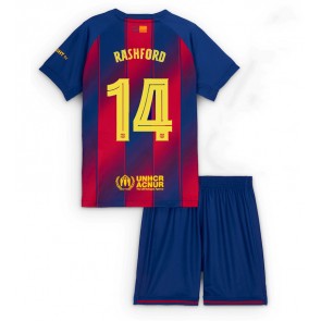 Lacne Dětský Futbalové dres Barcelona Marcus Rashford #14 2025-26 Krátky Rukáv - Domáci (+ trenírky)